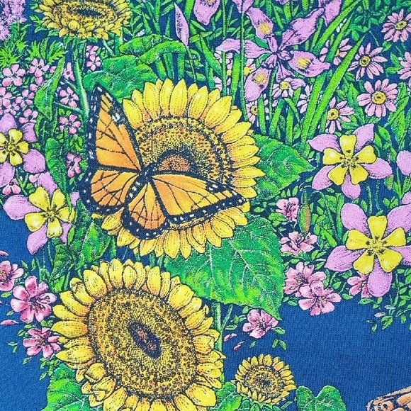 Vintage 80s 90s Floral & Butterflies Cotton Sweatshirt - Sun Sportwear - Large - Picture 4 of 11